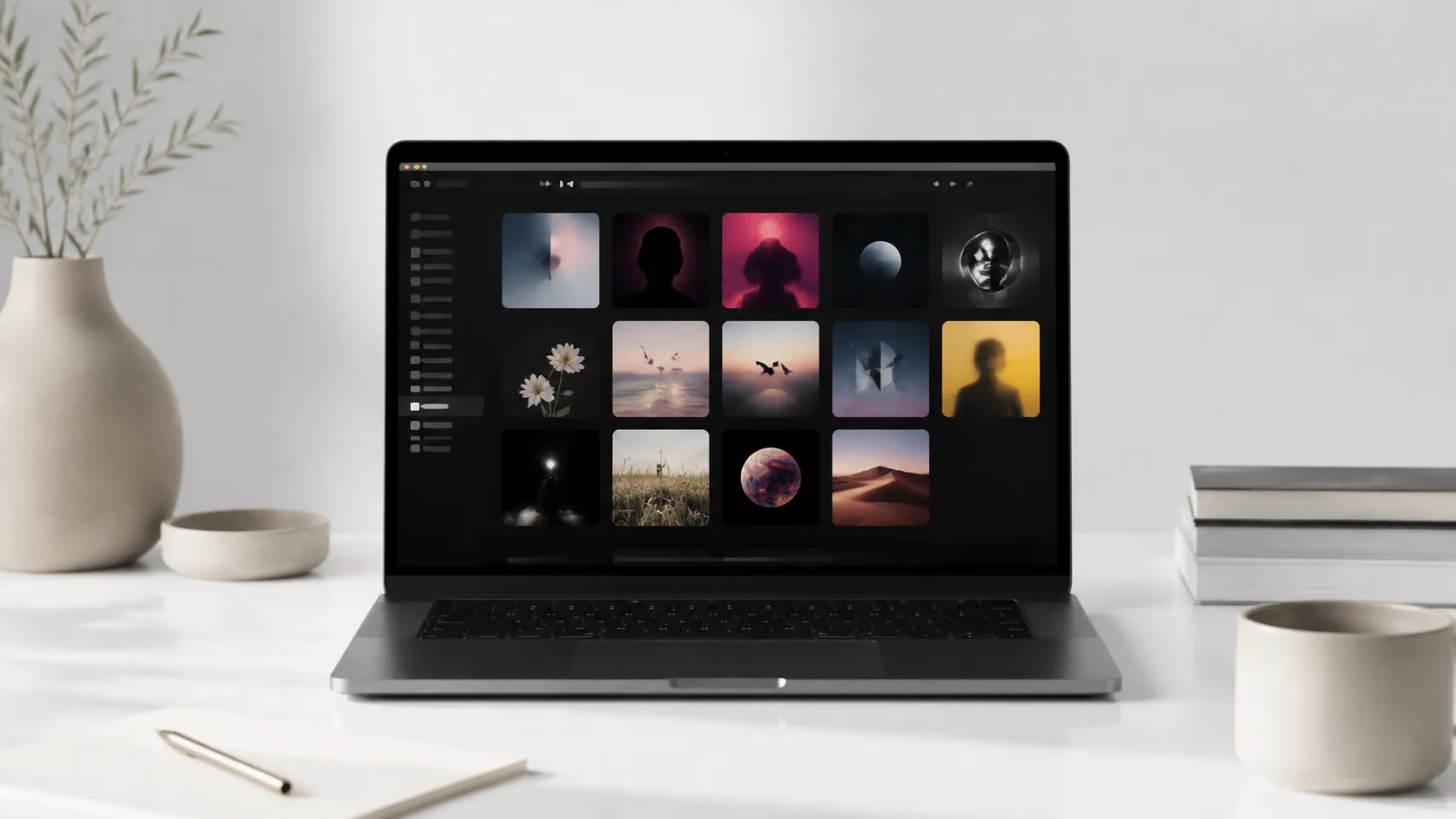 MacBook Pro displaying a music library with album art grid as an iTunes alternative on macOS