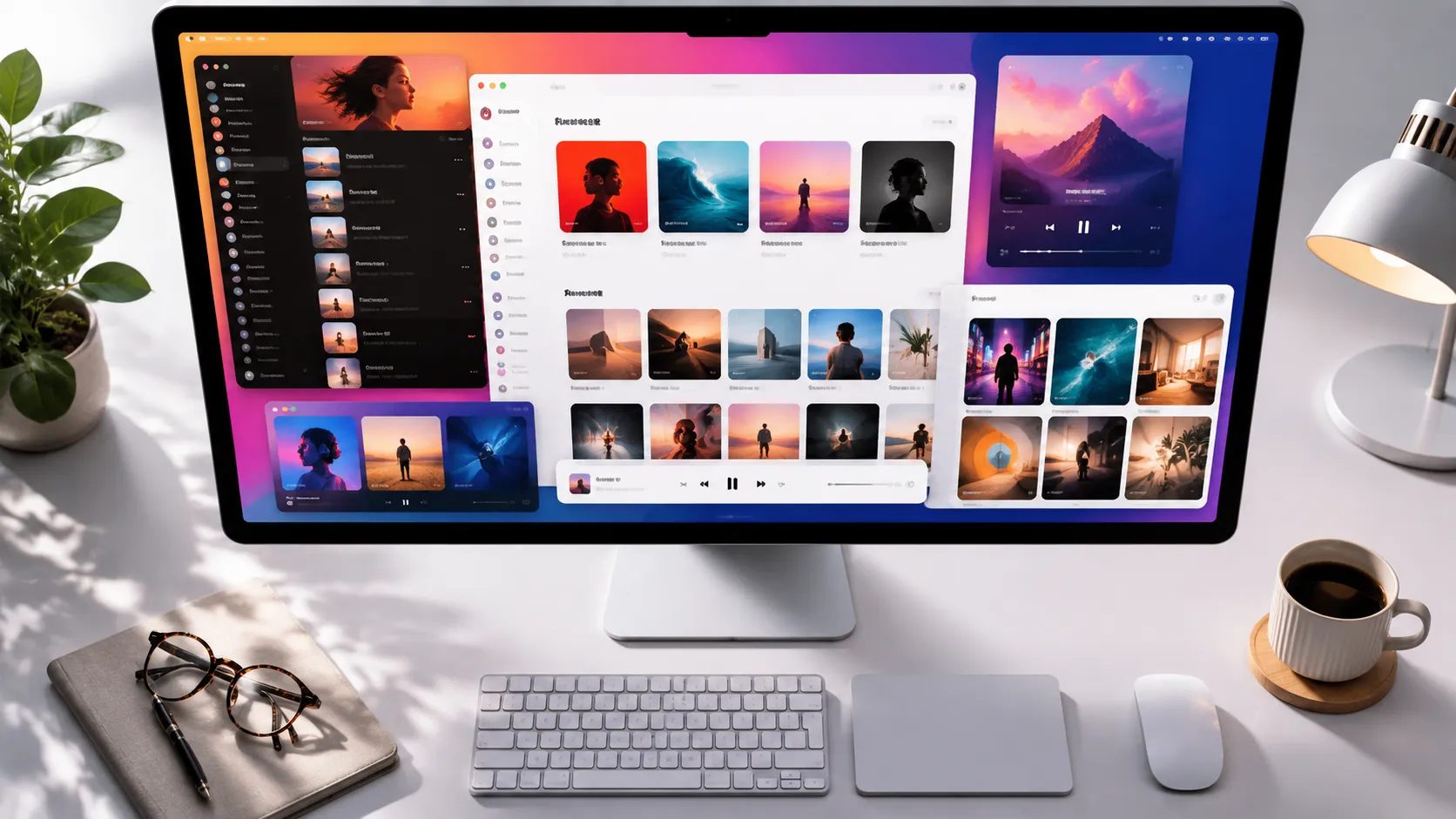 Concept illustration of a Mac desktop with several music-library windows open, showing album artwork