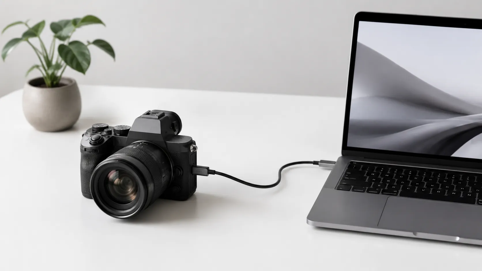 Mirrorless camera connected to MacBook Pro via USB-C cable ready to import camera video on Mac
