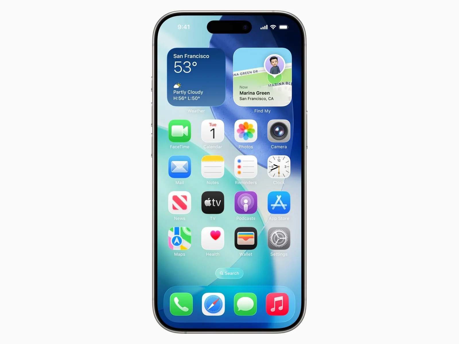 The iOS 26 home screen with Liquid Glass app icons in the default light appearance, Weather and Find My widgets across the top, and the Search pill above the dock
