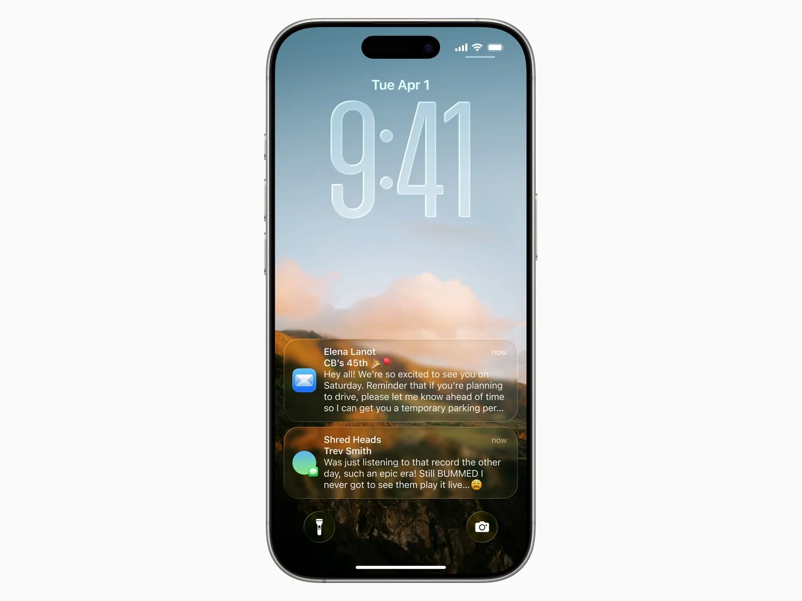 The iOS 26 lock screen: the Adaptive Time clock rendered large and translucent, with the cloud line of the wallpaper passing in front of the lower half of the digits, and two Liquid Glass notification cards below
