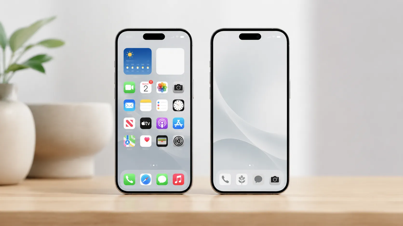 Two iPhone home screens comparing default layout versus minimal aesthetic iPhone customization setup