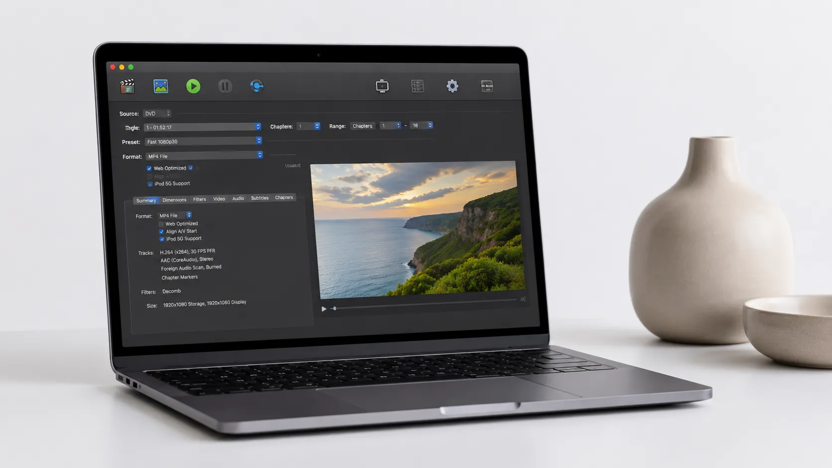 HandBrake DVD ripping software open on a Mac with encoding settings configured
